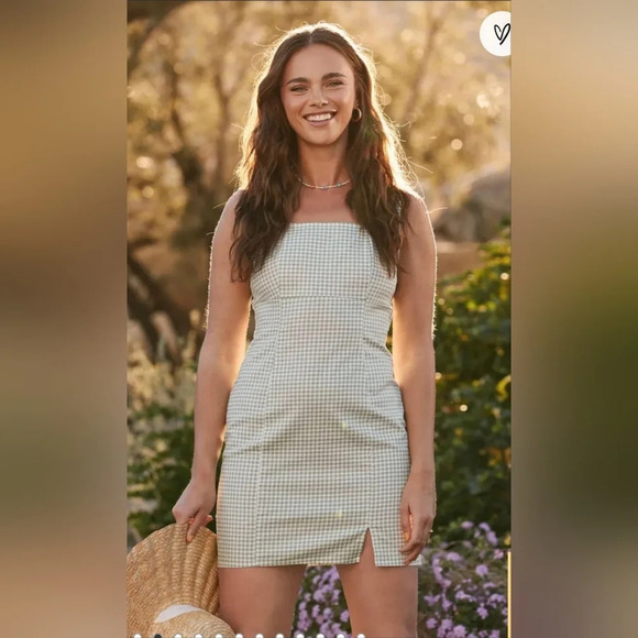 Lulu's Happy Chance Sage Green Gingham Square Neck Mini Dress - Small - Picture 1 of 12